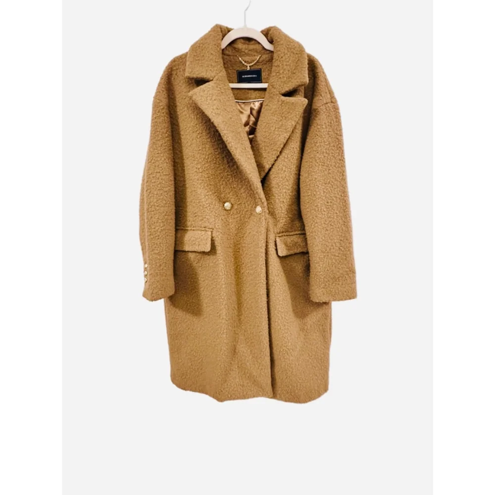 BCBGMAXAZRIA Camel Coat Gold Buttons, Buckei Fabric Notched Collar Lined Large - Picture 1 of 15